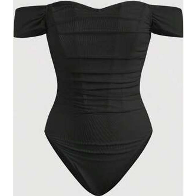 SHEIN Mesh Ruched Asymmetric Shoulder Bodysuit