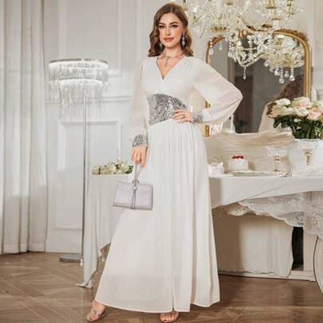 SHEIN Women&#39;s Summer New Waist Gathering Design Dress, Casual Vacation White Flowy Long Dress; Women&#39;s Elegant Fashion High-Level Sparkling Sequin Patchwork