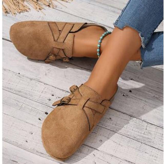 SHEIN Camel Backless Loafers, Fashion Versatile Round Toe Fringe Strap Flat Shoes For Women