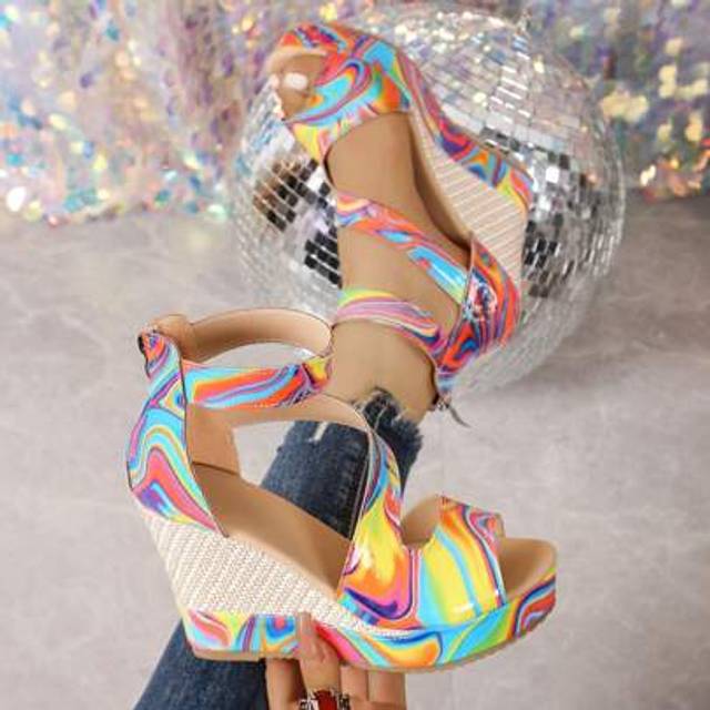 SHEIN Women&#39;s New Summer Thick Sole Waterproof Platform Wedge High Heel Open Toe Sandals, Hollow Peep-Toe With Back Zipper Closure High Heel Sandals, Rainbo
