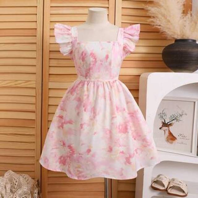SHEIN Tween Girls&#39; Woven Ditsy Floral Ruffle Collar Cinched Waist Open Back Bow Decor Casual Sweet Dress, Lady Style, French Elegant, Princess Vibe, French
