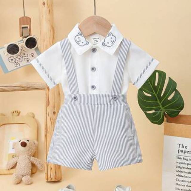SHEIN Newborn Baby Boy Cartoon Bear Short Sleeve Shirt And Striped Bib Shorts 2 Pieces Set