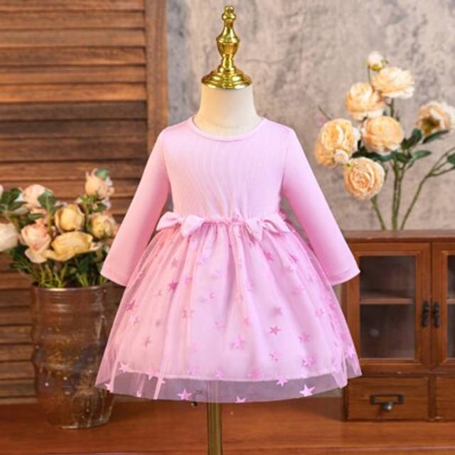 SHEIN Baby Girls&#39; Pink Bow Star Tulle Party Dress, Suitable For Holiday, Celebration, Birthday Party, Outdoor Activities, Spring/Summer