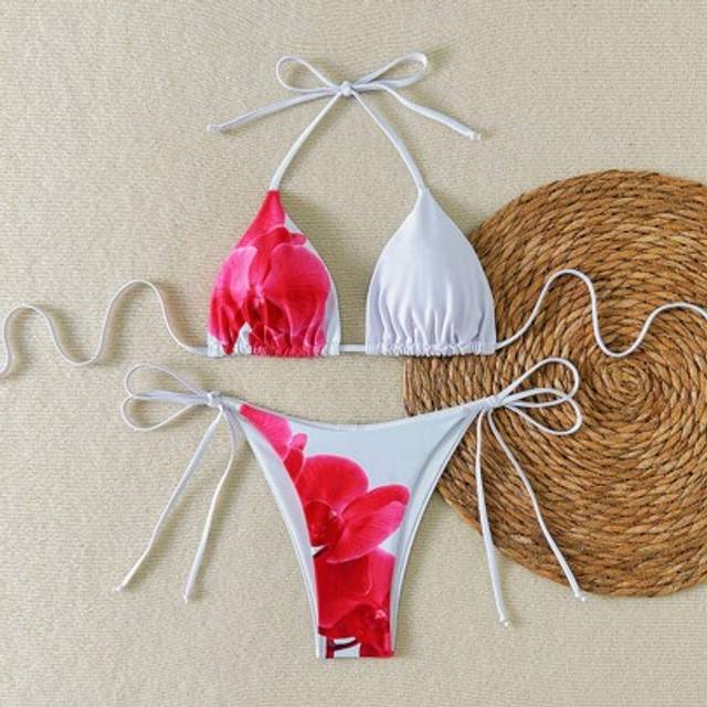 SHEIN Women&#39;s Floral Print Tie Bikini Set With Triangle Top And Side Tie Bottoms, Summer