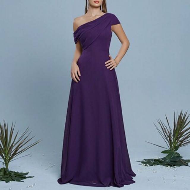 SHEIN Mgiacy New Arrival One Shoulder Elegant Bridesmaid Dress Asymmetrical Ruched Short Sleeve Chiffon Long Dress