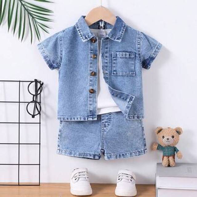 SHEIN Baby Boy Casual Washed Light Blue Denim Outfit Set, Summer