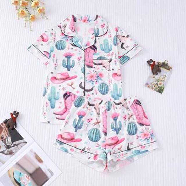 SHEIN 2pcs Western Pattern Pajamas Set For Women, Short Sleeve Shirt With Lapel & Button And Relaxed Elastic Waist Shorts, Party/Casual Loungewear, Indoor/O