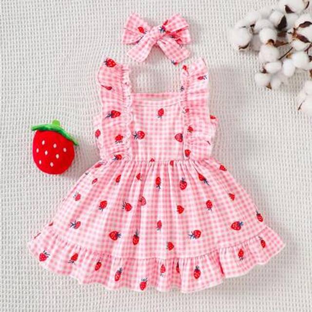 SHEIN 2 Pieces Newborn Baby Girl Pink Strawberry Plaid Print Dress With Cute Bow Headband, 0-3 Months, Adorable, Sweet, Soft, Stretchy, Comfortable, Ruffled