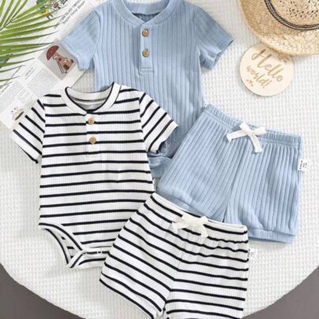 SHEIN 4pcs Newborn Baby Boy & Girl Summer Cute Striped Blue Short Sleeve Romper & Shorts 4-Piece Set, Suitable For Home & Outdoor