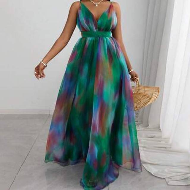 Slaydiva V-Neck Waist Cinched Floral Print High-Low Maxi Dress For Women