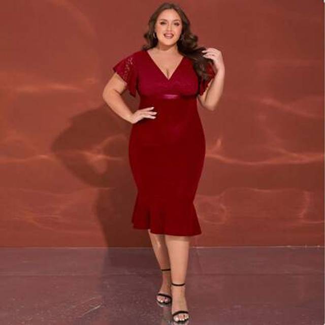 SHEIN Plus Size Women V-Neck Lace Splicing Ruffle Short Sleeve Fishtail Hem Elegant Bridal Shower/Wedding Guest Dress, Bride