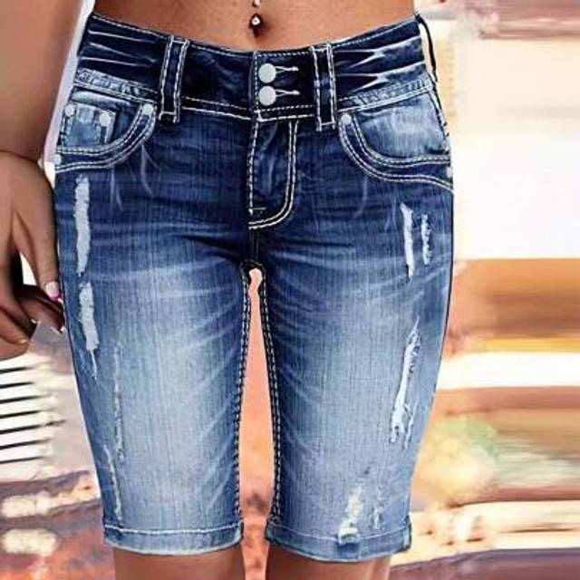 SHEIN Women&#39;s Casual Slim-Fit Denim Capris, Vintage Style Mid-Rise Jeans
