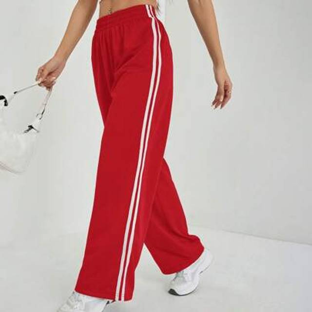 SHEIN Women Elastic Waist Side Stripe Wide Leg Loose Casual Sweatpants Graduation,Back To School Outfits,Graduation,Teacher Outfits For Women,Back To School