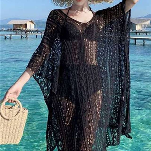 SHEIN Women&#39;s Sheer Knit Crochet Lace Long Sleeve Casual Cover Up Sunscreen Beach Cover Up Top, Lightweight, Summer