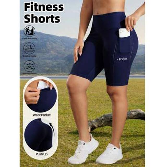 SHEIN Summer Workout Women&#39;s Outdoor Cycling High Waist Shorts With Pockets, Sports Tight Casual Exercise Shorts With Inner Pockets, Navy Blue