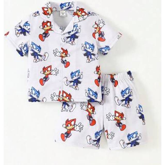 SHEIN Young Boy Flame Retardant Cartoon Print Short-Sleeved Shirt And Shorts 2 Pieces Home Wear Set Suitable For Summer Boy Summer Clothes Young Boys Sets B