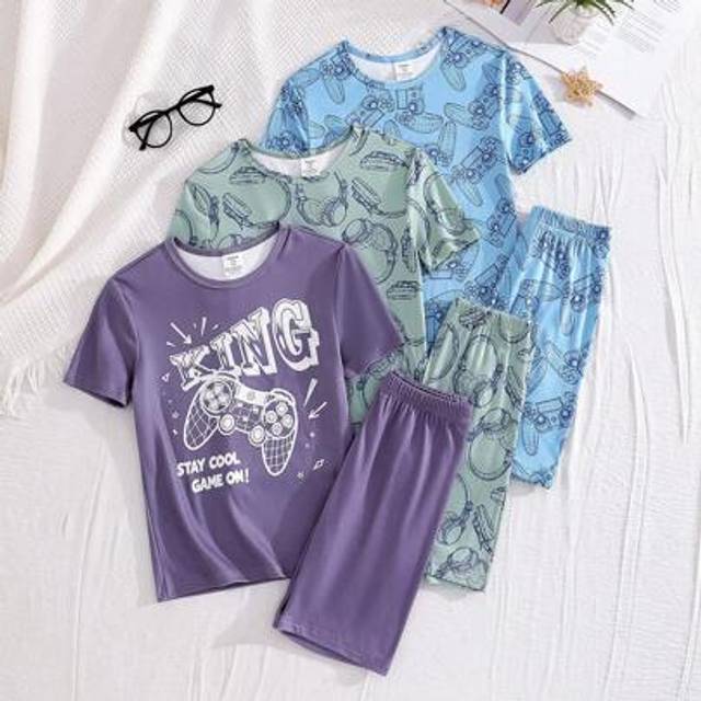 SHEIN Tween Boys 6-Piece Pajama Set With Digital Game Print, Short Sleeve Top & Snug Fit Pants, Stylish & Cool Sleepwear,Tight Fit Pajama