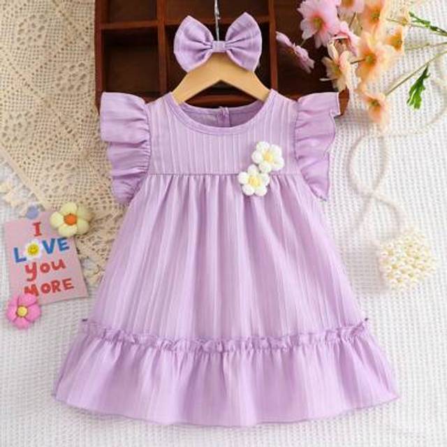 SHEIN 2pcs/Set Toddler Girl Solid Color Casual Cute Handmade 3D Flower Cap Sleeve Dress And Headband Set