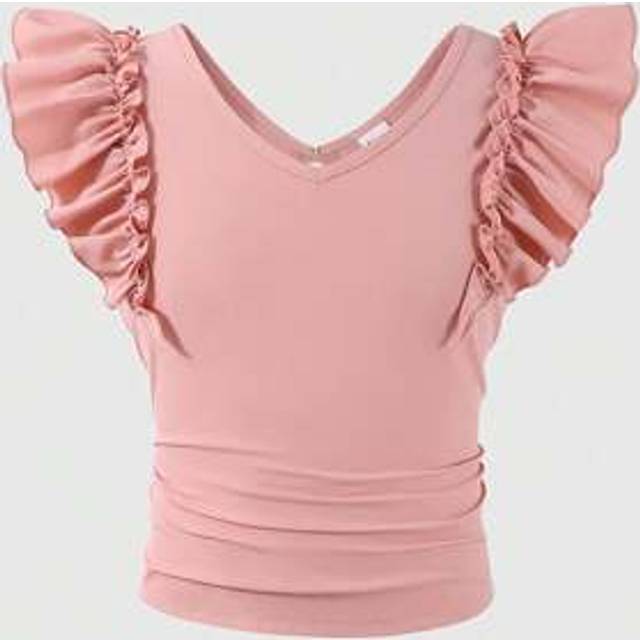 SHEIN Girls&#39; Casual Solid Color V-Neck Ruffle Sleeve Backless Design With Removable Bow Decor Top, Suitable For Daily Outings