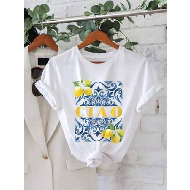 SHEIN CIAO & Lemon Print Casual Round Neck Short Sleeve T-Shirt, Summer Outfits