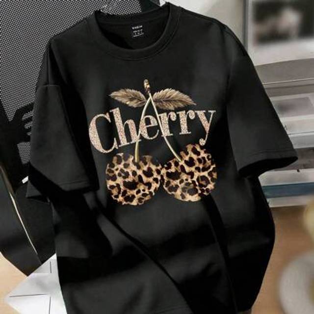 SHEIN Oversized Cherry & Leopard Print Round Neck Short Sleeve Loose T-Shirt For Women