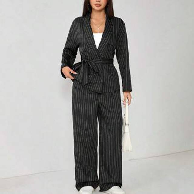 SHEIN 2pcs Women&#39;s Striped Wrap Elegant Casual Kimono Blazer Set, Grey, Office Fashion Commuter Suit