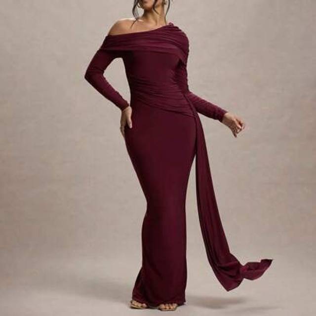 SHEIN Asymmetrical Neck Long Sleeve Draped Bodycon Party Club Cocktail Dress, Wedding Guest Dress, Formal Dress, Evening Dress
