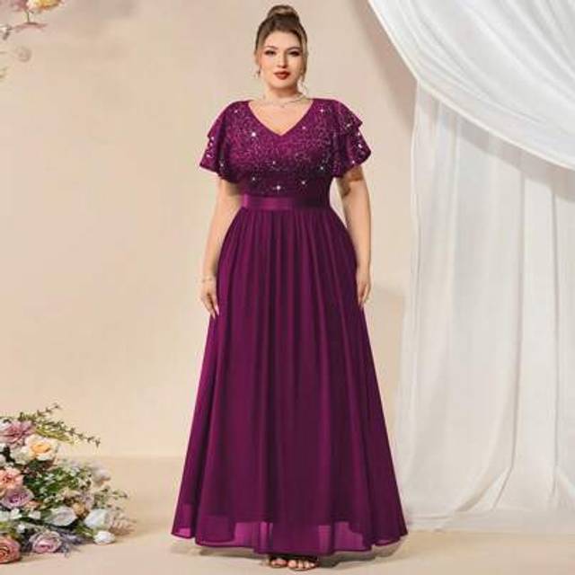 SHEIN Plus V Neck Sequin Lace Butterfly Sleeve Contrast Chiffon Evening Party Long Dress, Formal, Gown, For Wedding Guest
