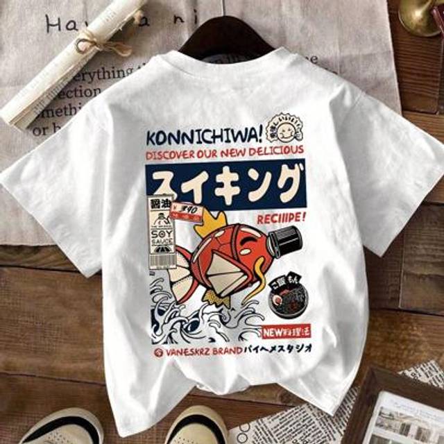 SHEIN Men&#39;s White Cartoon Fish Letter Ramen Numeral Print Crew Neck Short Sleeve T-Shirt, Casual Everyday Wear