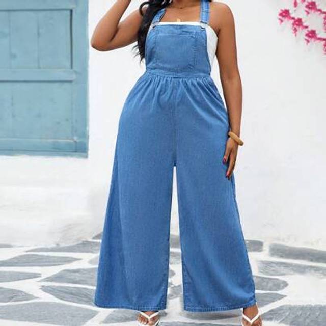 SHEIN Plus Size Casual Denim Overalls, Fitted Bib Pants, In Blue Summer,Vacation Outfits Woman,Easter,Spring,Western,Office Outfits For Women,Rave Outfits,B