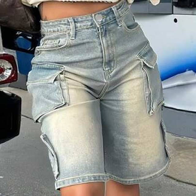 SHEIN Western Cowgirl Street Style Cargo Denim Bermuda Shorts For Women