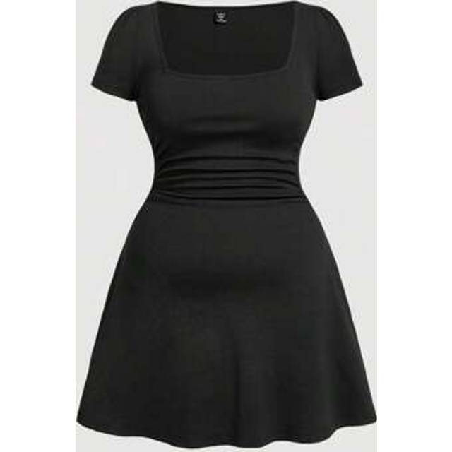 SHEIN Black Vintage Square Neckline Waist Pleated Small A-Line Mini Dress,Birthday Dresses For Women