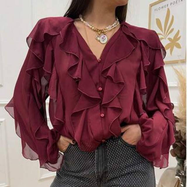 SHEIN Women Long Sleeve Chiffon Blouse Button-Down Ruffle Lady Elegant Solid Color Long Sleeve Dressy Blouse Summer Vacation Casual Loose Top Boho Loose Fas