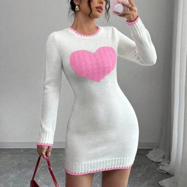 Rafferiza 2024 Valentine&#39;s Day New Design Ribbed Knitted Dress With Heart And Contrasting Trim, Fashion, Autumn/Winter