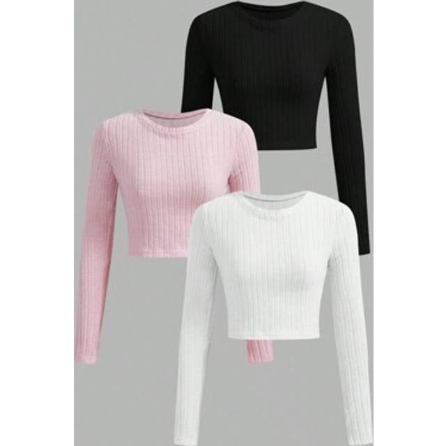 SHEIN 3pcs/Pack Plus Size Women&#39;s Spring Autumn Solid Round Neck Long Sleeve Ribbed T-Shirts