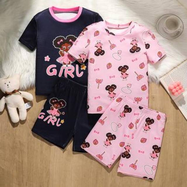 SHEIN 4pcs Girls&#39; Home Clothes Set, Snug Fit Short Sleeve Top And Shorts, Print Knitted Loungewear Suit