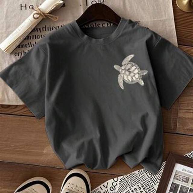 SHEIN A Piece Of Girl Big Children Casual Printed Round Neck Pullover Short-Sleeved T-Shirt For Summer Students Young Children&#39;s Clothing - Swimming Turtle