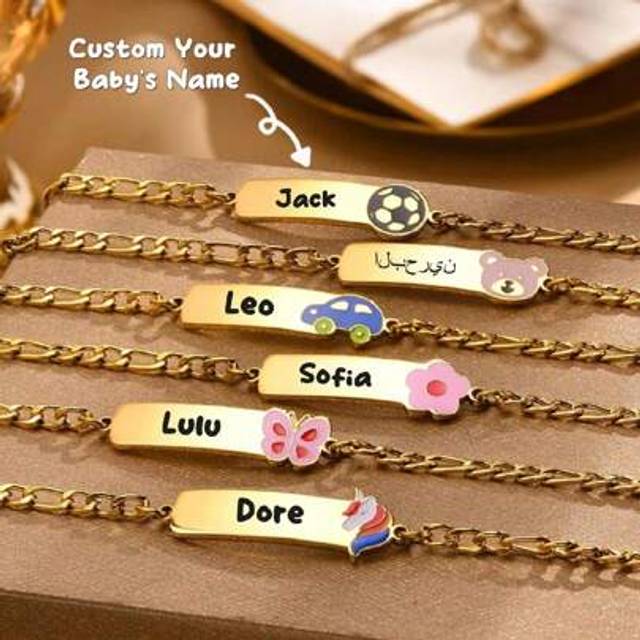 SHEIN Personalized Gift To Girls Boys 12cm Custom Name Bracelets Anti Allergy Glossy Stainless Steel Bracelets Enamel Flower Football Bear Car Butterfly Cut