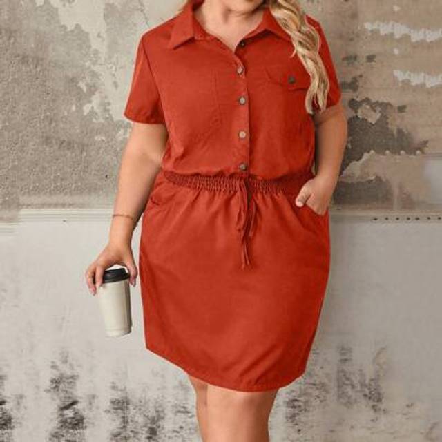 SHEIN Plus Size Women Olive Green Utility Shirt Dress With Half Open Hem, Elastic Waist, Short Sleeve, Casual Wear Suitable For Commuting, Everyday, And Wor