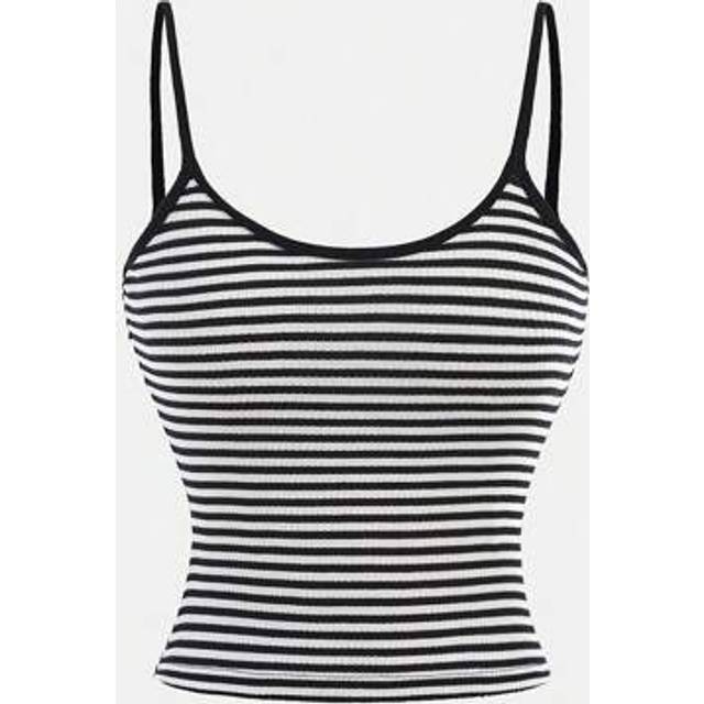 SHEIN Teen Girls Black & White Ribbed Knitted Camisole Sleeveless Casual All-Match Streetwear Tank Tops For Spring & Summer
