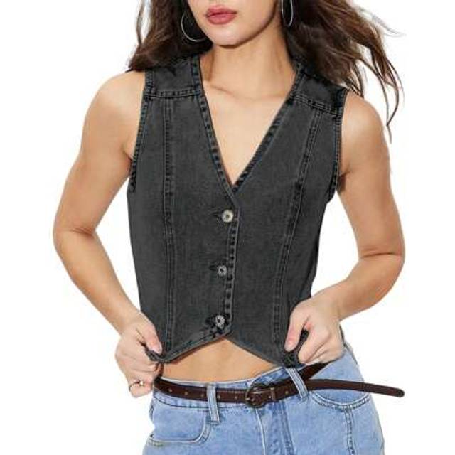SHEIN Women Denim Vest, Sleeveless V Neck Button Vest Solid Outwear Gilet For Casual Street