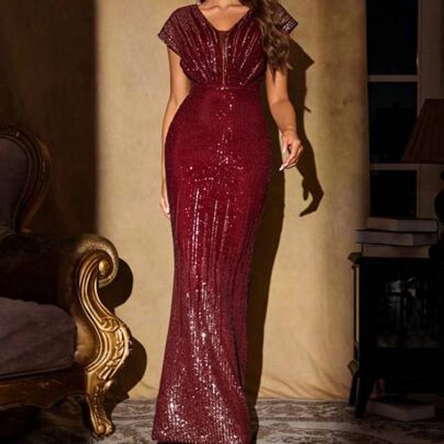 SHEIN UNITHORSE [Random Cut] Plunging Neck Sequin Formal Dress Black Elegant Prom Evening Wedding Guest Gown, For Graduation, Dinner Party Dress, Bride Dres