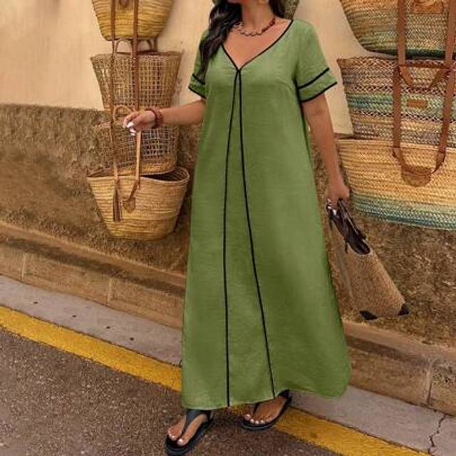 SHEIN Plus Size Women V-Neck Short Sleeve Linen Contrast Color Vacation Dress