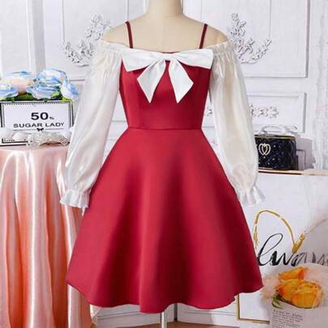 SHEIN Teen Girls Black V Neck Shoulder Strap Patchwork Satin & Organza Long Sleeve Ruffle Hem Bowknot Decor Formal Dress, Suitable For Party, Wedding, Valen