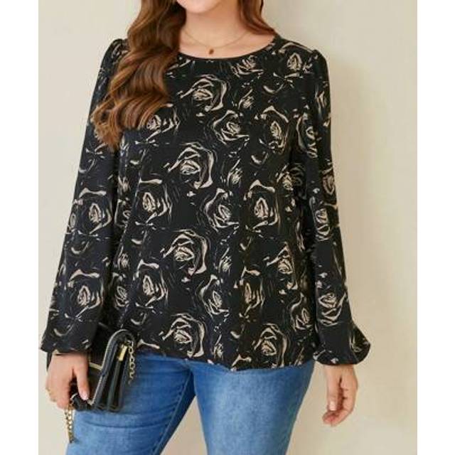 SHEIN Rose Graphic Puff Sleeve Long Sleeve Plus Size Top Blouse, New Year, Valentine&#39;s Day, Black Top