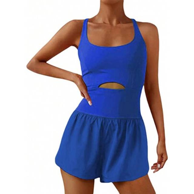 SHEIN Women Solid Color Cami Playsuits Sleeveless Sports Short Jumpsuits Summer Cross Backless Romper Tracksuits