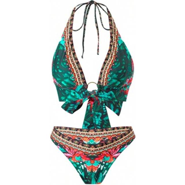 SHEIN 2025 New European & American Style Women Floral Print Halter Bikini Set, Sexy Fitted Swimwear, For Summer Beach Vacation