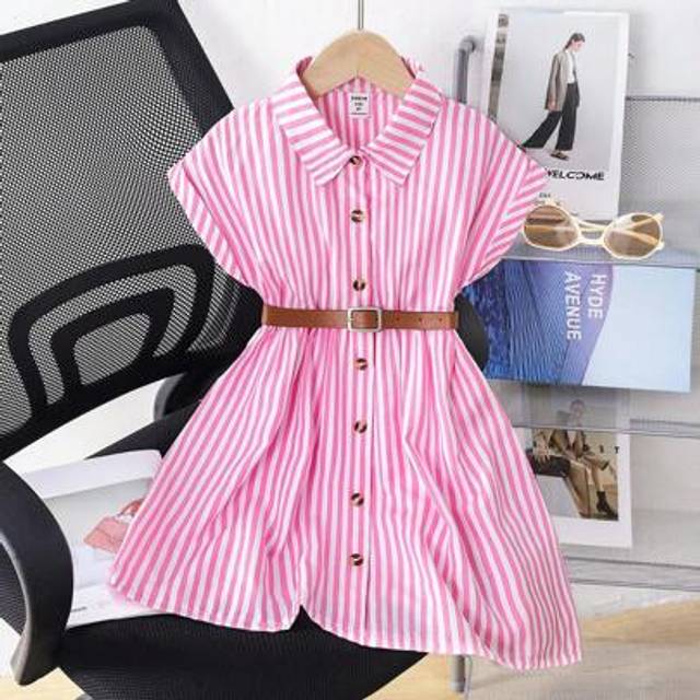 SHEIN Young Girl Loose Woven Spring Dress With Dropped Shoulder, Pink Striped Collar, Button Front, And Fashionable Belt, Comfortable Casual/Resort Wear