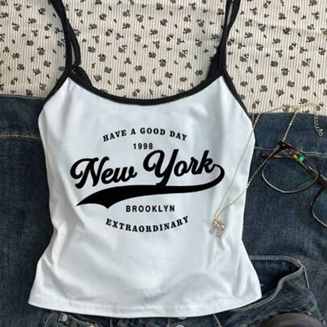SHEIN Teen Girls Casual Minimalist Black & White New York 1998 Graphic Camisole, Sleeveless Snug Fit Tank Top, Summer
