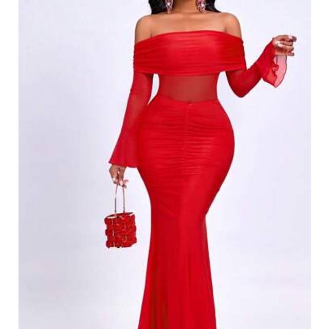 SHEIN Women&#39;s Off Shoulder Ruffle Solid Color Mesh Patchwork Sexy Mermaid Hem Bodycon Dress With Two Ways To Wear Front And Back,Old Money Style,Summer Wome